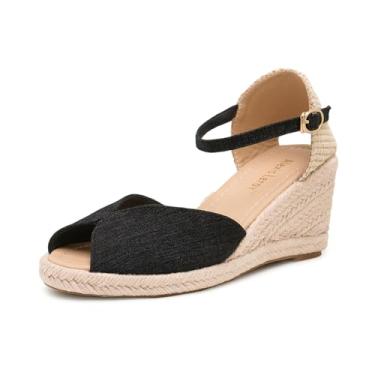 Imagem de Alexis Leroy Sandália feminina de bico aberto confortável com tira no tornozelo, alpargatas, Lona preta, 36