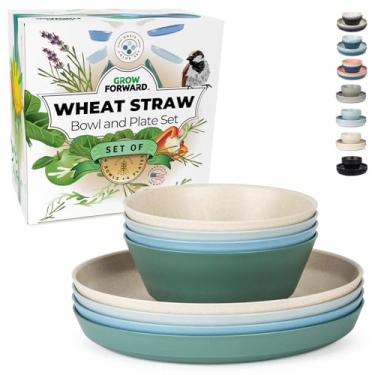 Imagem de Grow Forward Conjuntos de pratos e tigelas de palha de trigo premium - conjuntos de louça de palha de trigo de 8 peças - Pratos de jantar de plástico inquebráveis e reutilizáveis, seguros para
