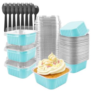 Imagem de Mini formas de bolo de 142 g com tampas, pacote com 50, prato de jantar descartável para cupcake, copos quadrados de folha de alumínio para brownie-azul