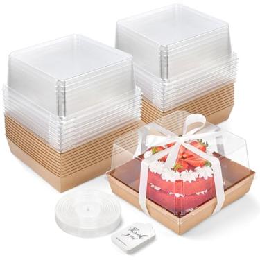 Imagem de ZORRITA Caixas de bolo de papel de 7 x 7 x 4 polegadas com tampas transparentes, 20 embalagens de caixas de padaria descartáveis ​​quadradas para recipientes de alimentos para bolo de 4-6 po