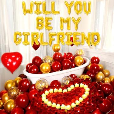 Imagem de Dvehdbay Kit De Balões Will You Be My Girlfriend - Balões De Letras De 16'', Balões De Coração Vermelho De 18'', Balão De Mylar De Alumínio, 100 Pétalas De Rosas Artificiais Com 24 Velas De Led Em F