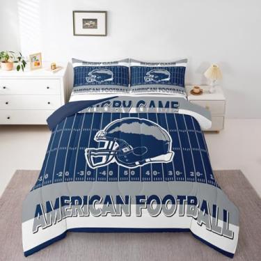 Imagem de Feelyou Jogo de cama solteiro de futebol americano, jogo de rúgbi, para crianças, adultos, conjunto de edredom com capacete, azul marinho e cinza, 2 peças