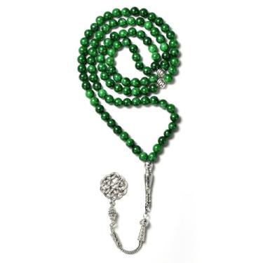 Imagem de AzanClk Tasbih, contas de oração muçulmanas feitas com pedra natural, contas de calcedônia verde seca para Misbaha diária e meditação - 99 contas (8 mm)