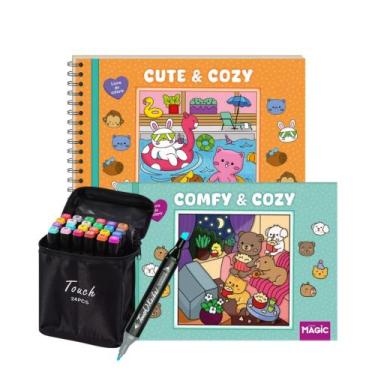 Imagem de Kit 02 Livrinhos + 24 Cores de Canetinhas Touch Para Pintura - Fam