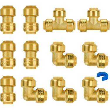 Imagem de Acessórios de encanamento 1/2 polegada Push Pex Conexões 1/2 polegada 5 cada acoplamento e cotovelo de 90 graus Tee (2 peças) Sem chumbo latão empurrar para conectar Pex PipeCopperCPVC com 1 clipe de