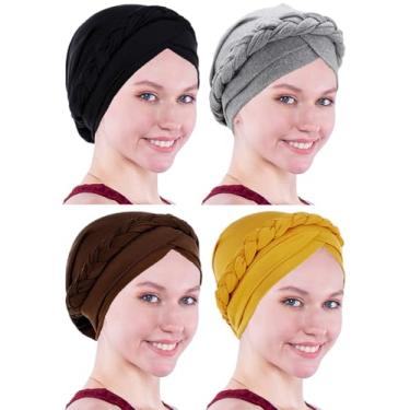 Imagem de Touca feminina de turbante pré-amarrada, trançada, trançada, quimioterapia, câncer, touca de cabelo, D S preto, café, cinza, amarelo, 1 Count (Pack of 4)