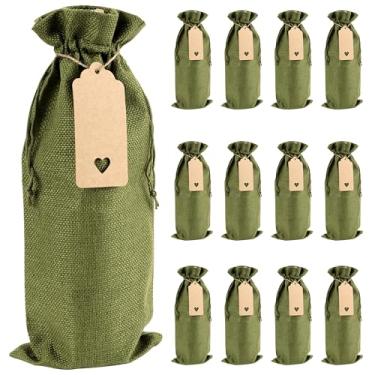 Imagem de BUNCHBRAVO Pacote com 12 sacos de vinho de serapilheira com etiquetas de presente e corda de juta, sacos de garrafa de vinho rústicos com cordão para casamentos, festas e feriados, verde-oliva
