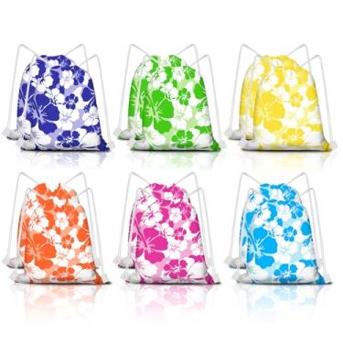 Imagem de KERINGO 18 peças de lembrancinhas de festa de hibisco com tema havaiano com cordão mochila de cordão para presente tropical de verão Tiki Luau Treat Havaí, sacolas infantis para festa de aniversário