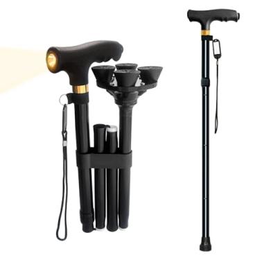 Imagem de Dexmary Bengala de caminhada para mulheres e homens, bengalas dobráveis com base quádrupla pivotante para mulheres, bengala de caminhada com luz LED para idosos, bengala dobrável ajustável para homens