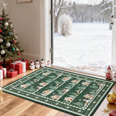 Imagem de GarveeHome Tapete de Natal 5,5 x 7,5 cm lavável à máquina, para entrada interna, antiderrapante, forro baixo, macio, resistente a manchas, capacho de Natal para banheiro, lavanderia, cozinha, verde