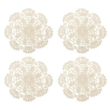 Imagem de Porta-copos de tecido, 4 peças de 12,7 cm - Doilies de crochê de algodão, tapete de copo bordado de renda com padrão floral para decoração de festa de casamento (bege)