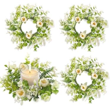 Imagem de KHOYIME Coroa de anéis de vela florais, 4 peças, pequenas flores artificiais brancas para primavera, verão, grinaldas de vegetação para pilares, mini suporte de vela, armários de cozinha, mesa central
