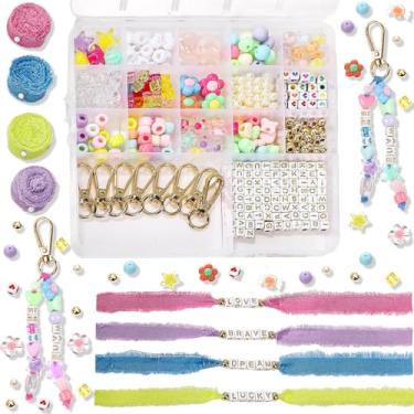Imagem de Tondiamo 400 peças DIY Kit de fabricação de chaveiro e pulseira de fita, contas do alfabeto, estrela de acrílico, letra coração, alfabeto personalizado, artesanato para bolsa, berloque, joias