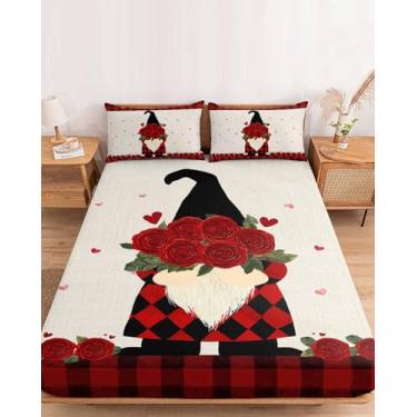 Imagem de Jogo de lençol Queen com elástico para colchão de até 40,6 cm, estampa xadrez vermelho vintage de microfibra macia, lençol com bolso profundo e 2 fronhas, decoração de hotel/quarto