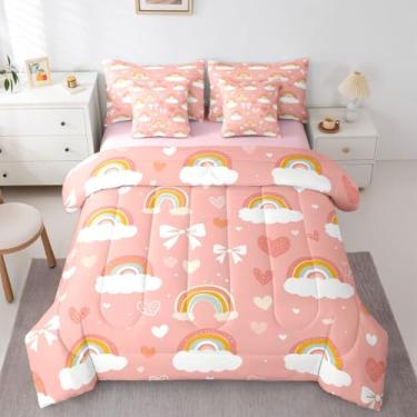 Imagem de Erosebridal Jogo de cama de 7 peças, arco-íris, com laço, com estampa kawaii, com nuvens, coração e laço de fita desenhada à mão, para crianças, meninas e mulheres