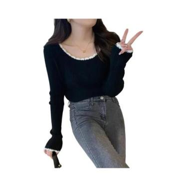 Imagem de Suéter Feminino De Tricô Com Decote Quadrado, Manga Longa, Ajuste Slim