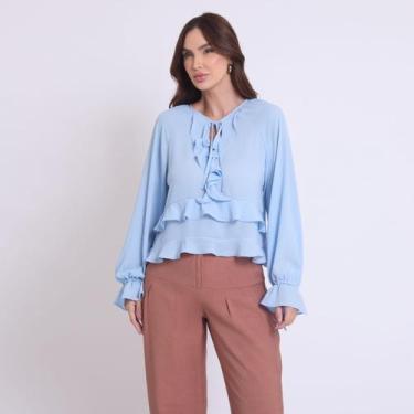 Imagem de Blusa Boho Babados Azul Manga Longa Miss Joy 8282, Azul, 42