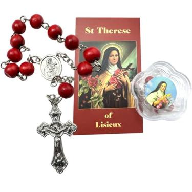 Imagem de Westmon Works Terço de Santa Teresa, contas de madeira e crucifixo de metal com estojo e cartão sagrado combinando