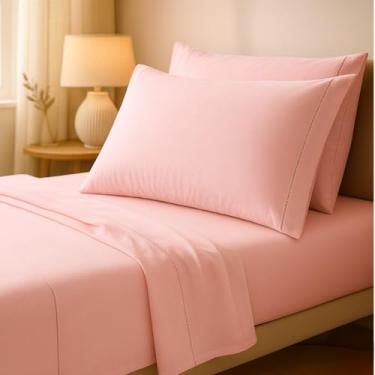 Imagem de Jogo de Cama Casal 400 Fios - Lençol com Elástico e Fronha Envelope, Conforto e Sofisticação(Rosa,Solteiro 3 Peças)