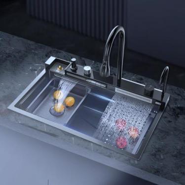 Imagem de Cuba Cascata Pia Com Torneira Lavador De Copos Completa Acessórios Aço