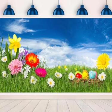 Imagem de YongFoto 1,5 x 0,9 m Pano de fundo de Páscoa, primavera, flores coloridas, ovos, grama verde, céu azul natural, fundo fotográfico para chá de bebê, festa de aniversário, celebração, decoração de