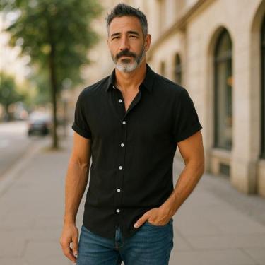 Imagem de Camisa Social Botão Manga Curta Masculina Gola Padre - Volgue, Preto, 