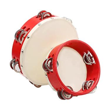 Imagem de 1 pandeiro de pele de carneiro vermelho de 15 cm e 1 * pandeiro de pele de carneiro vermelho de 20 cm, pandeiro portátil de madeira, pandeiro para adultos, duas fileiras de metal, sinos de madeira,