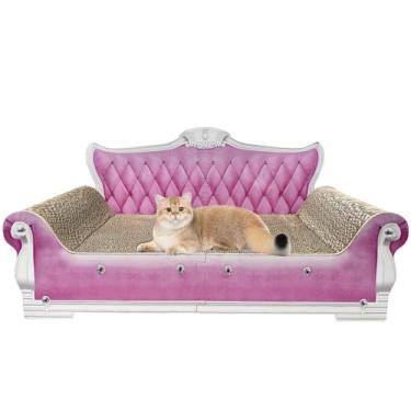 Imagem de INRLKIT Sofá-cama de luxo de papelão para gatos, tábua de arranhar em forma de sofá com erva de gato, arranhador para gatos internos, rosa grande