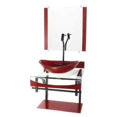 Imagem de Gabinete de vidro 40cm para banheiro curvado duplo pp cuba oval vermel