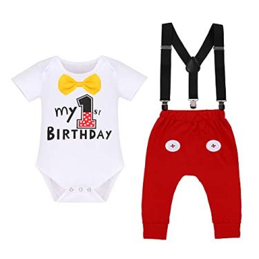 Imagem de Roupas formais de festa de primeiro aniversário para bebês meninos, fantasia de cake Smash para fotos Wild One Onesies macacão masculino gravata borboleta longa calça haren suspensórios branco-vermelho 6-12 meses