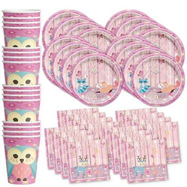 Imagem de Conjunto de suprimentos de festa de aniversário rosa animais da floresta para meninas conjunto de pratos guardanapos copos kit de talheres para 16