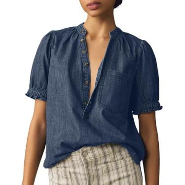 Imagem de Camisa feminina Locachy, jeans, meio botão, gola simulada, azul escuro