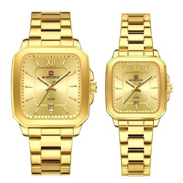 Imagem de Relogios De Pulso Analógico Conjunto De Casal Em Aço Inoxidavel Design Quadrado Impermeavel Dourado