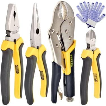 Imagem de Kit Jogo Alicates Universal 8" + Meia Cana 6" + Corte Diagonal 6" + Pressão 10" + Luva Pigmentada | Fertak
