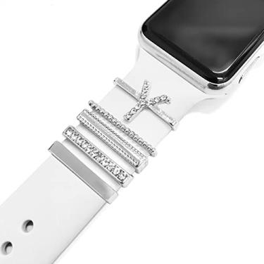 Imagem de 5 pçs amuletos para pulseira de relógio Apple 41 mm 45 mm 40 mm 44 mm feminino, diamante + metal joias anéis decorativos para iWatch série 7 6 5 4 3 se, Galaxy watch 4/clássico, pulseira de couro/silicone acessórios de charme