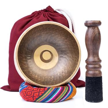 Imagem de Tigela de meditação tibetana com olho turco com almofada, martelo e bolsa de transporte feita à mão no Nepal - melhor para ioga, cura de chakras, atenção plena e alívio do estresse - presentes