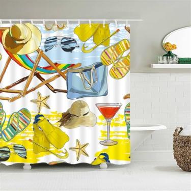 Imagem de Cortinas de chuveiro de tecido à prova d'água de praia com estampa de palmeira, cortina de banho para decoração de banheira de banheiro com ganchos, 9978W,W90xH180cm