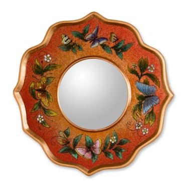 Imagem de NOVICA Espelho montado na parede de madeira e vidro pintado reverso, laranja e multicolorido "cornalina Butterfly Sky"