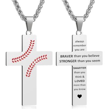 Imagem de Colar masculino com cruz de beisebol, versículo bíblico, pingente, presente para aniversário, Natal, batismo, cristão, religioso, acessórios de beisebol, presentes, Small, Aço inoxidável, Sem Pedra