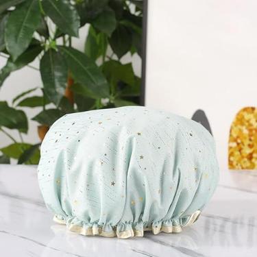Imagem de Touca de banho de camada dupla com padrão de estrela verde - Protetor de cabelo impermeável e reutilizável para banho e tratamentos capilares, touca de banho para mulheres cabelos longos e grossos