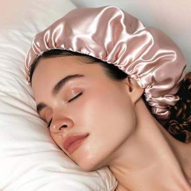 Imagem de Touca de cetim de seda para dormir com camada dupla de cetim forrado com faixa para amarrar cabelo encaracolado, Blush rosa, 3