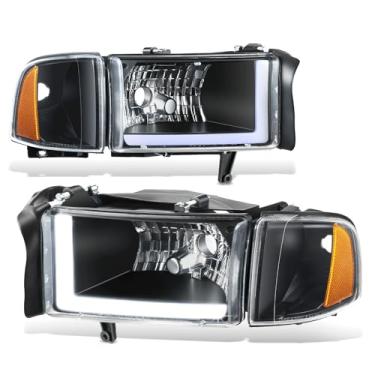 Imagem de DNA MOTORING Par de faróis lentes transparentes/âmbar refletor halógeno/LED compatível com Ram 1500 1994-2001 / Ram 2500 1994-2002, HL-LB3-DR944-BK-AM