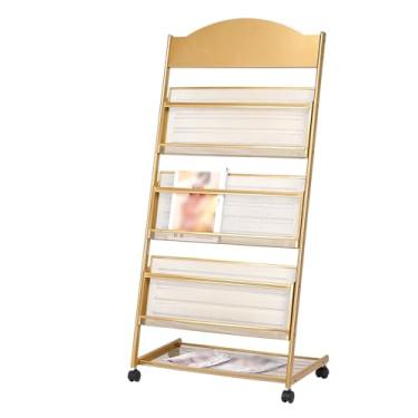 Imagem de Porta-revistas de ferro de 3/4 camadas douradas com rodas - Suporte móvel de exibição de chão para escritórios, feiras, lojas de varejo - Suporte de folheto elegante, organizador que economiza espaço