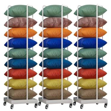 Imagem de Carrinho de armazenamento de travesseiro de metal com rodas para economia de espaço - Suporte organizador de almofada para varejo e têxteis domésticos - Conjunto de 3, design móvel para fácil acesso