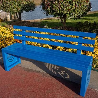 Imagem de Banco de jardim de pátio externo de metal, parque de namoradeira resistente com encosto, banco de parque ao ar livre para todos os climas, assento de ripas, banco de metal para jardim, varanda