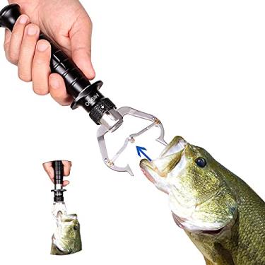 Imagem de Pegador de lábio de peixe, garra de lábio de pesca de aço inoxidável, alça antiderrapante de alumínio resistente à corrosão com cordão (preto)