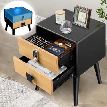 Imagem de Mesa de cabeceira com segurança de aço, mesa de cabeceira moderna com trava de teclado, 56 cm A × 46 cm P × 30 cm L, suporte de cabeceira preto com gaveta de bloqueio, mesa de cabeceira de couro PU