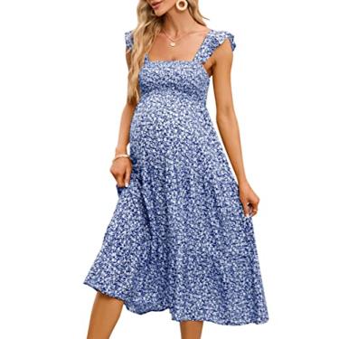 Imagem de KOJOOIN Vestido feminino de verão sem mangas com decote quadrado franzido casual boho midi vestido de chá de bebê sessão de fotos, Floral azul, XXG