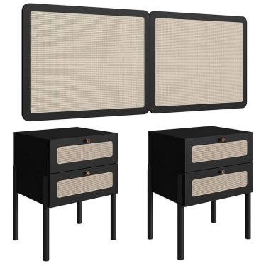 Imagem de Cabeceira Casal Queen E 2 Mesas Pés Madeira Arlo A10 Nero/preto - Mpozenato