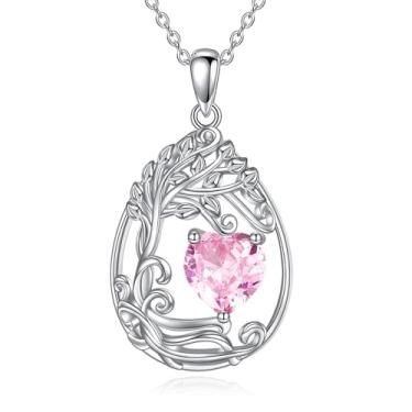 Imagem de AINFQY Colar com pedra do mês de nascimento da árvore da vida, prata esterlina, pingente de lágrima, pedra preciosa, aniversário, formatura, presente para mulheres, esposa, Prata esterlina, Zircônia